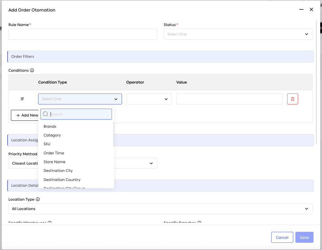 The condition builder with the Condition Type list open