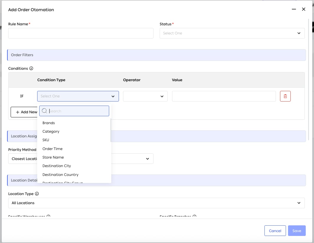 The condition builder with the Condition Type list open