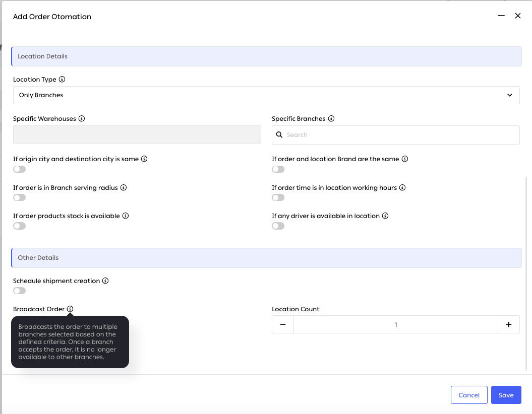 Location filters and other details in the rule builder