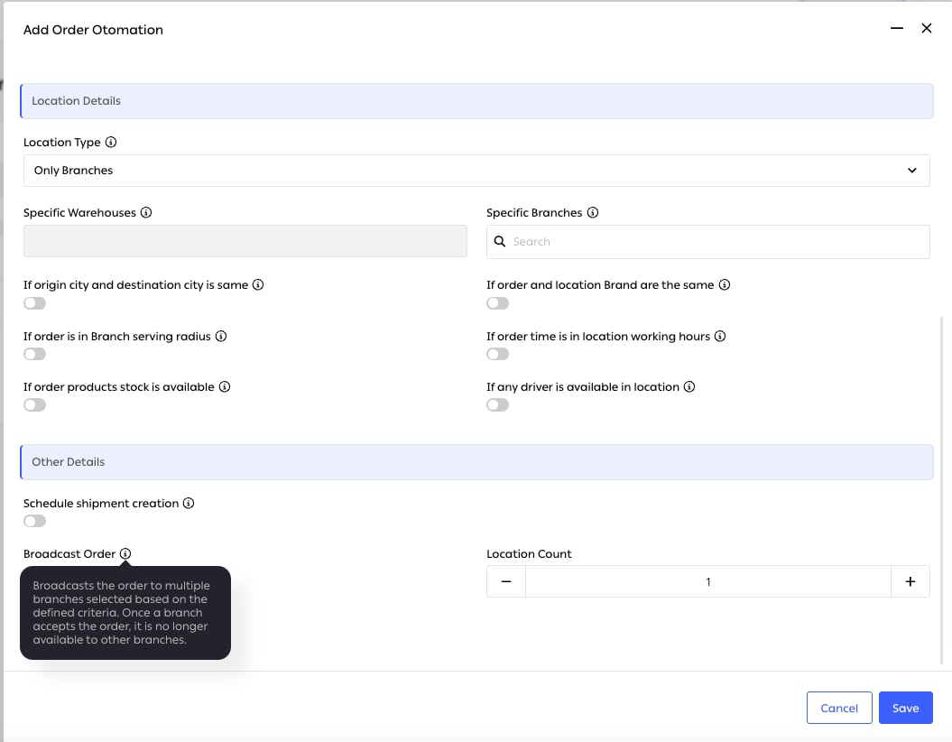 Location filters and other details in the rule builder