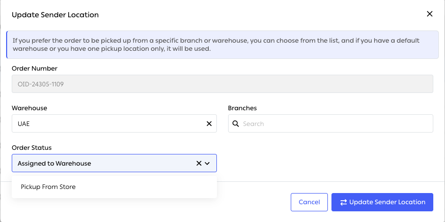 The Update Sender Location dialog
