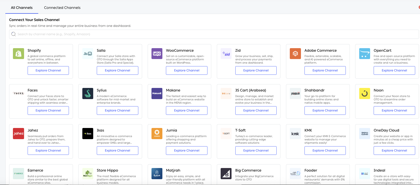 The All Channels tab of the OTO sales channel catalog, a searchable grid of channel cards each with an Explore Channel button