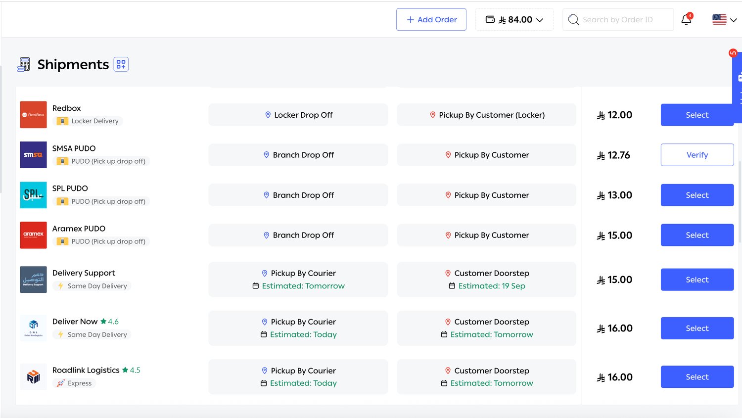 The carrier options list with prices and estimates