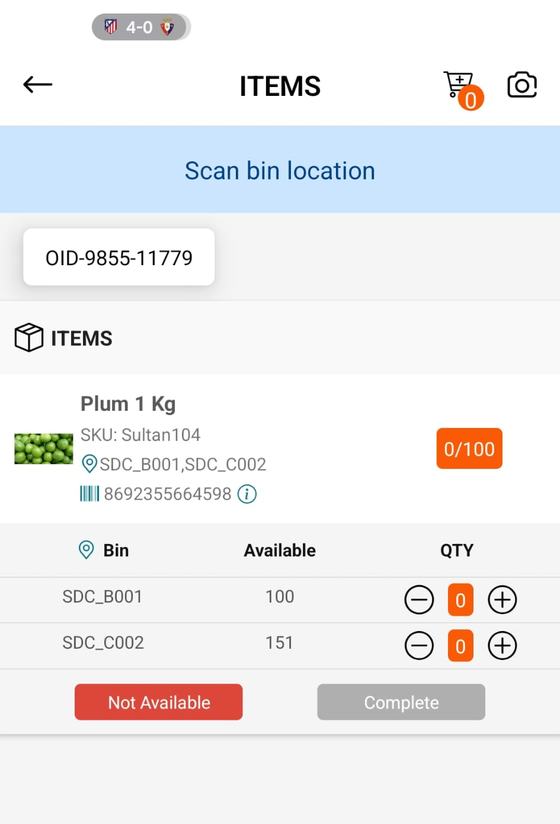 Picking an item across two bins