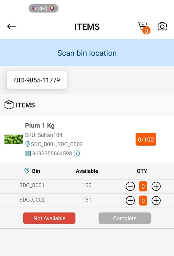 Picking an item across two bins