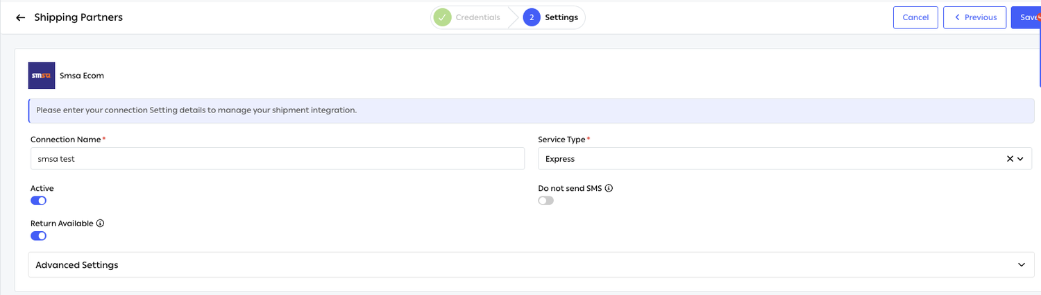 The settings step