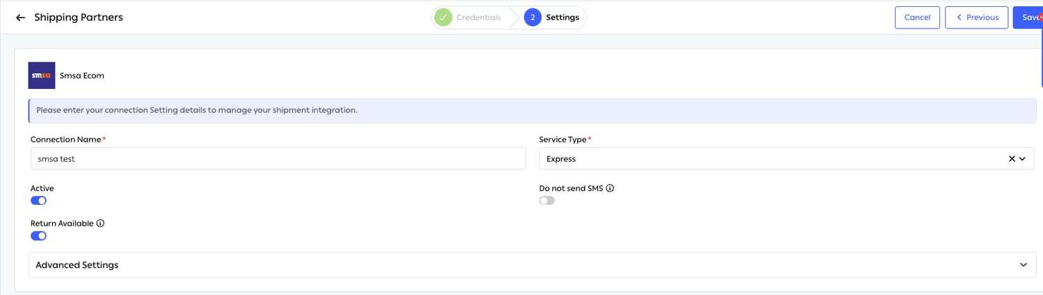 The settings step