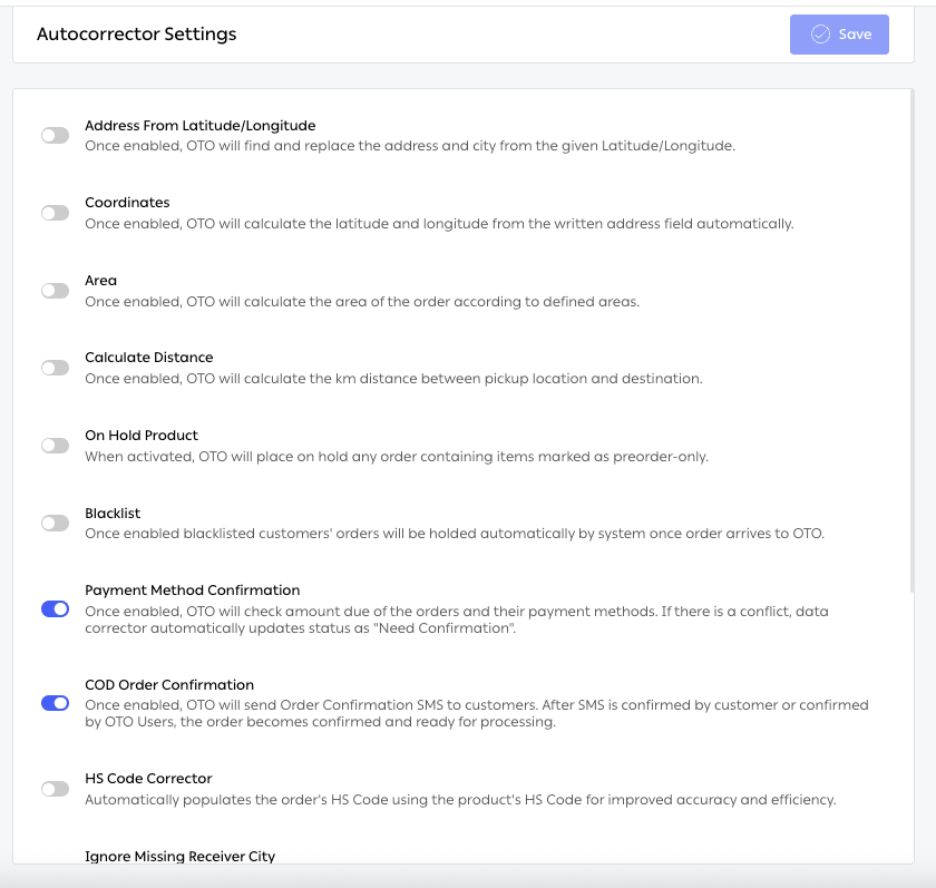 النصف العلوي من Autocorrector Settings