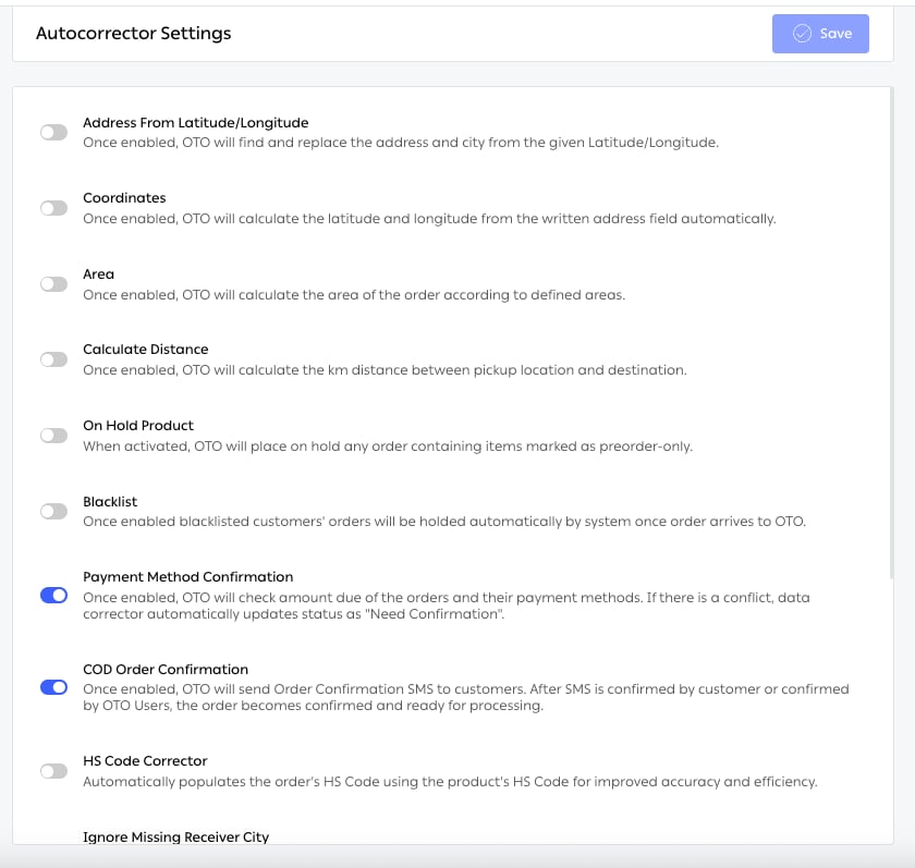 النصف العلوي من Autocorrector Settings