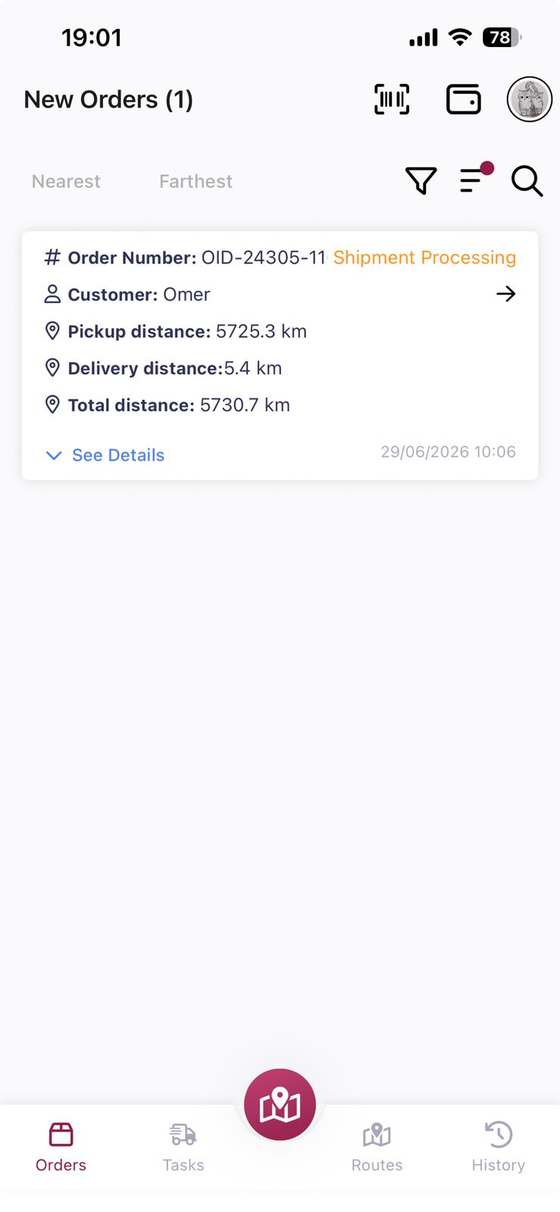 New Orders in the driver app