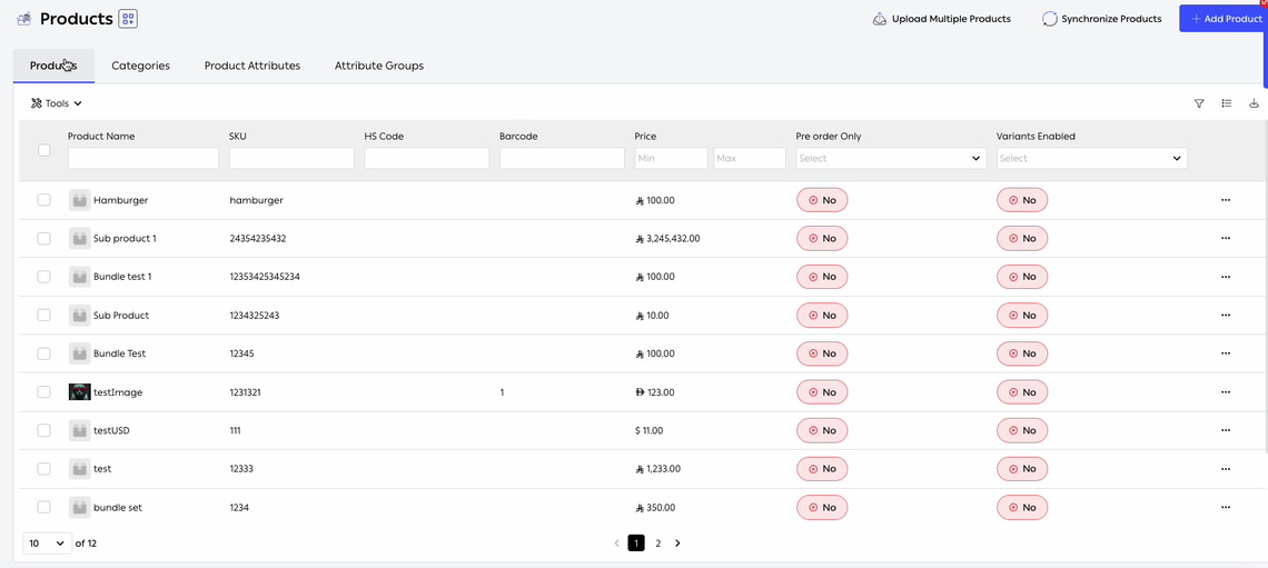 The Products page