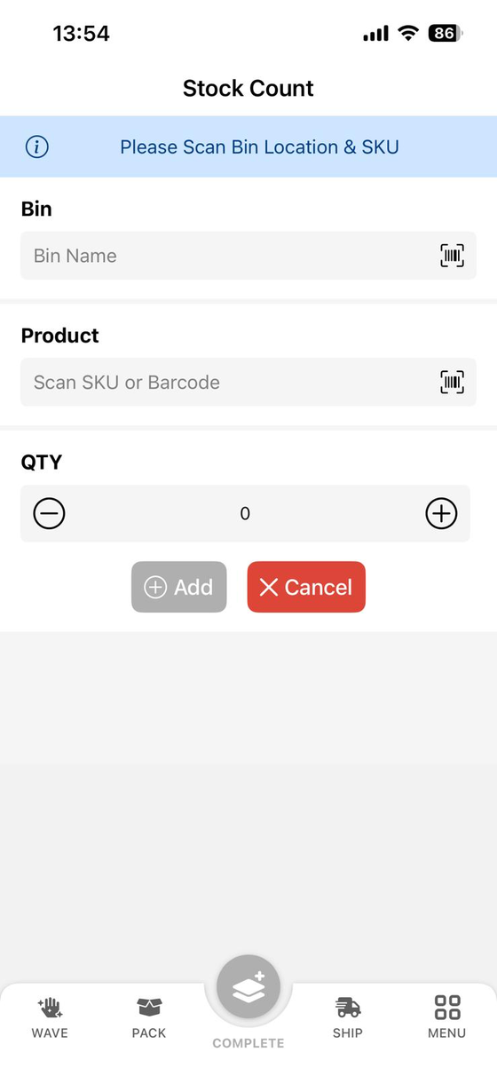 The Stock Count screen in OTO PACK
