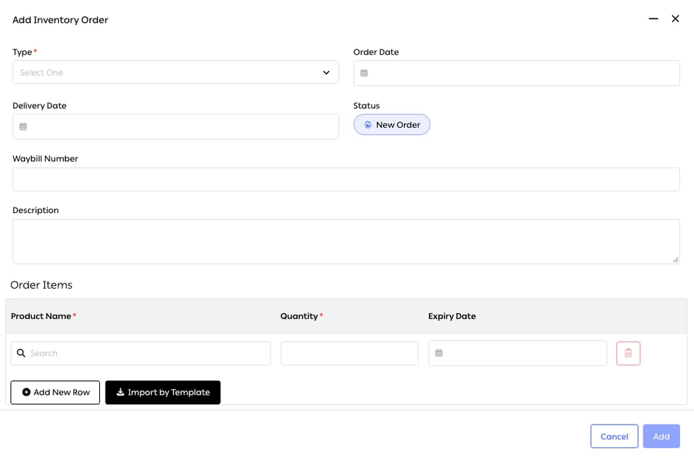 The Add Inventory Order form