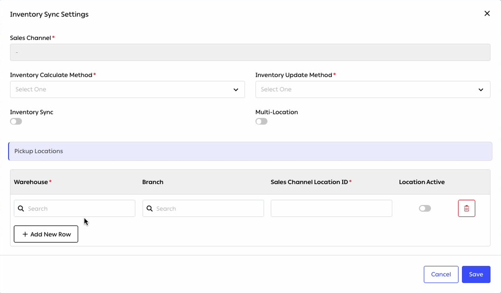 The Inventory Sync Settings form