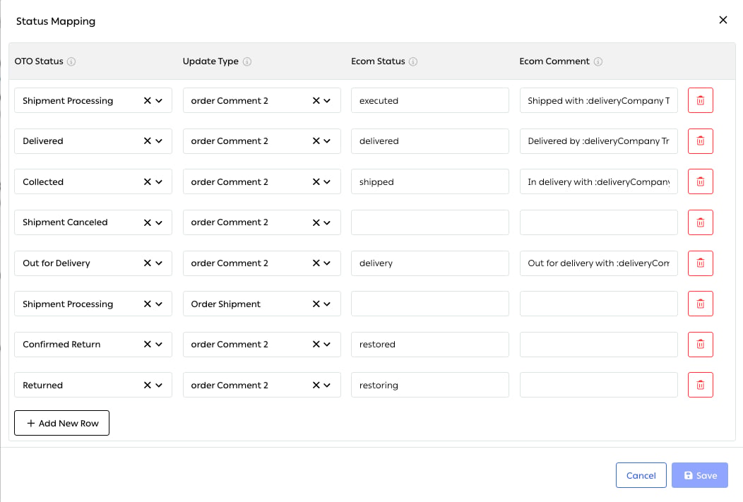 The Status Mapping dialog for a connected channel