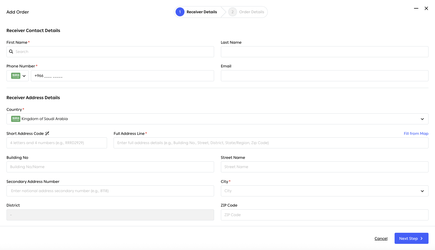 Step 1 of Add Order — Receiver Details