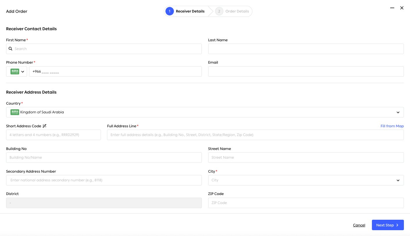 Step 1 of Add Order — Receiver Details