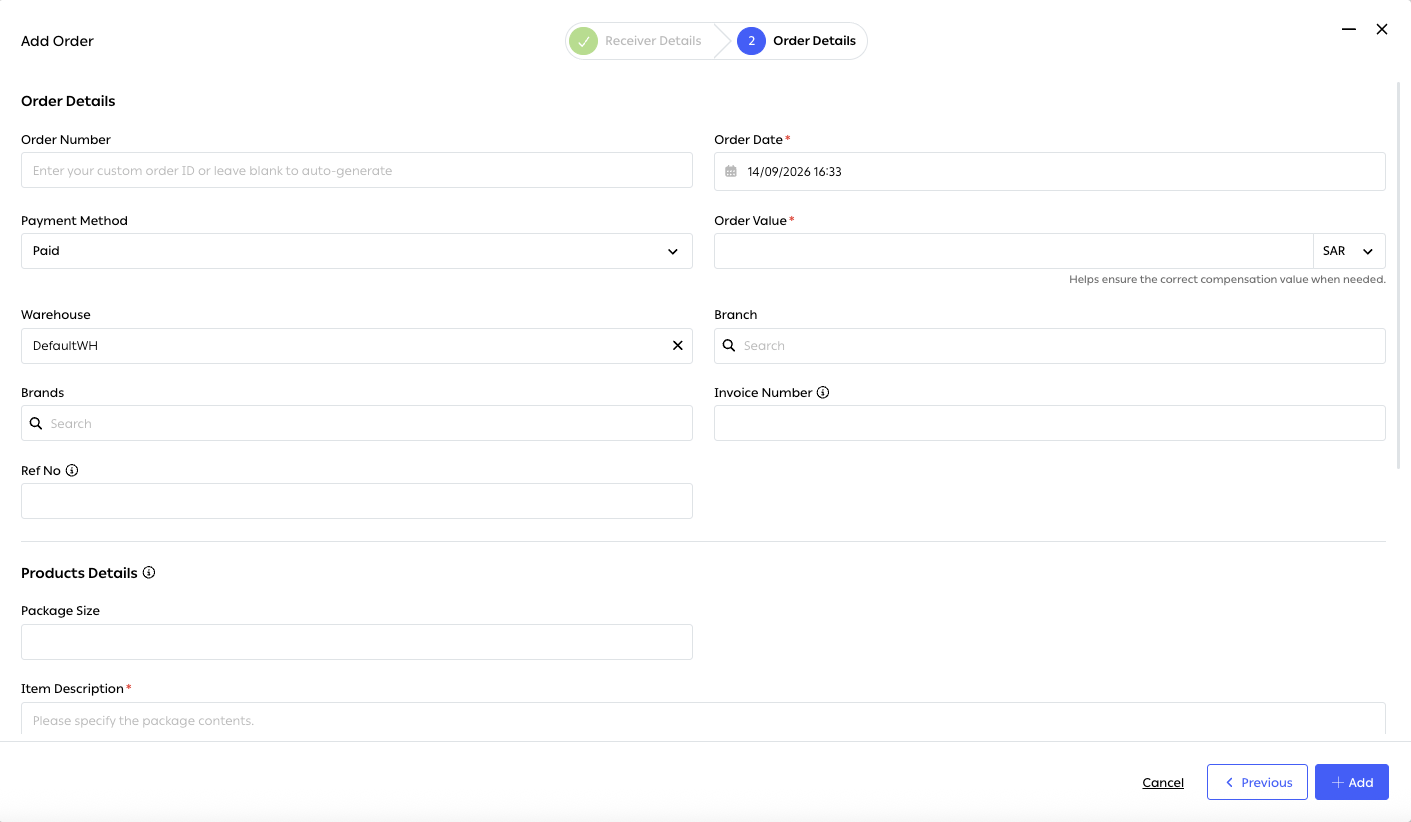 Step 2 of Add Order — Order Details