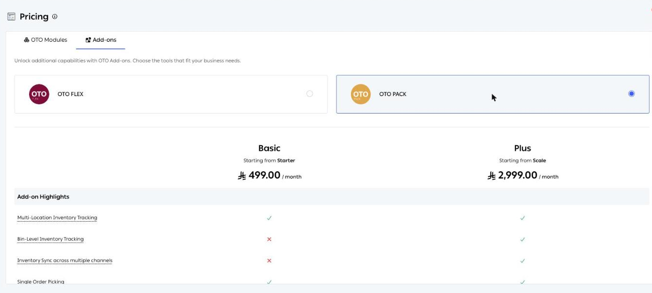 The Add-ons tab showing OTO PACK Basic and Plus with their monthly prices and feature comparison