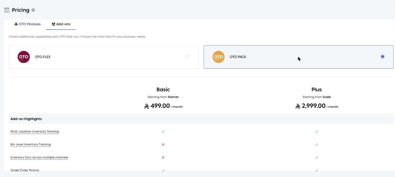 The Add-ons tab showing OTO PACK Basic and Plus with their monthly prices and feature comparison