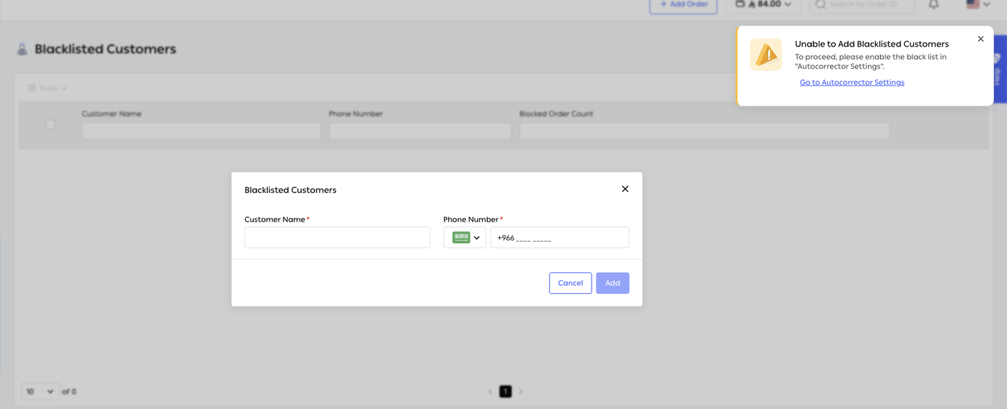 Adding a blacklisted customer, with the toggle not yet enabled