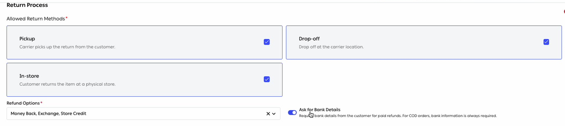 Return methods, refund options and bank details