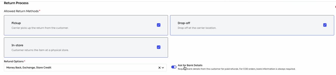 Return methods, refund options and bank details