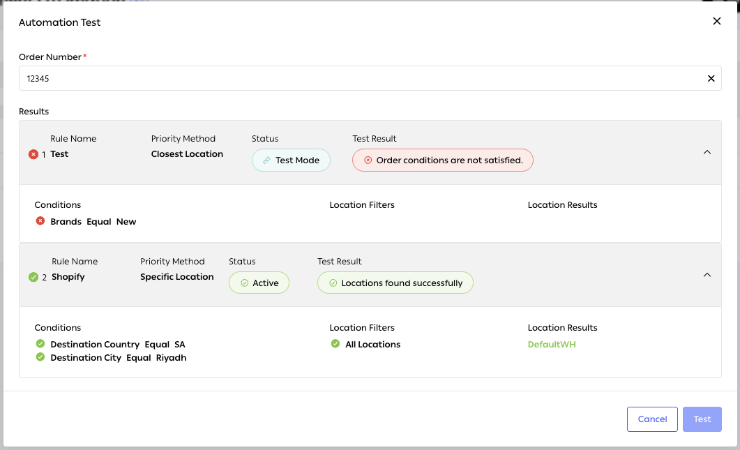 Automation Test results for a single order