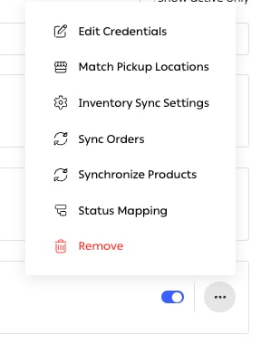 The per-channel settings menu open, listing Edit Credentials, Match Pickup Locations, Inventory Sync Settings, Sync Orders, Synchronize Products, Status Mapping and Remove