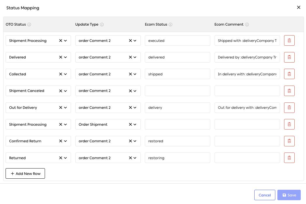 The Status Mapping dialog showing eight rows mapping OTO statuses to a channel’s own status codes and comments