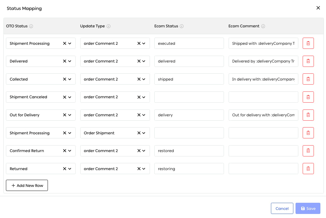 The Status Mapping dialog showing eight rows mapping OTO statuses to a channel’s own status codes and comments