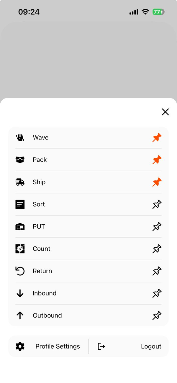 The OTO PACK app menu