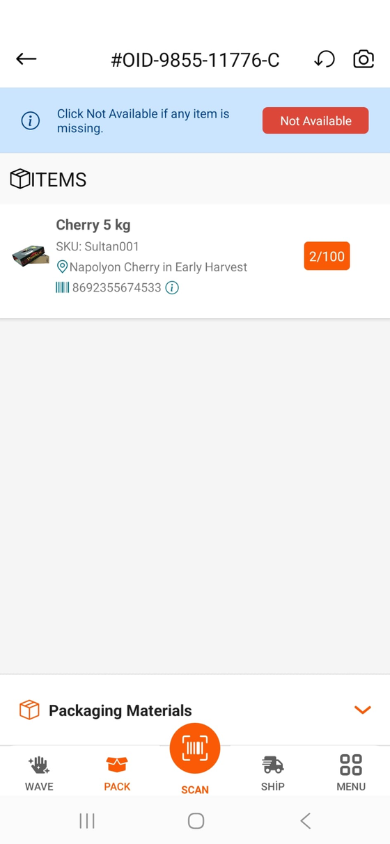 The ITEMS screen in OTO PACK, packing an order