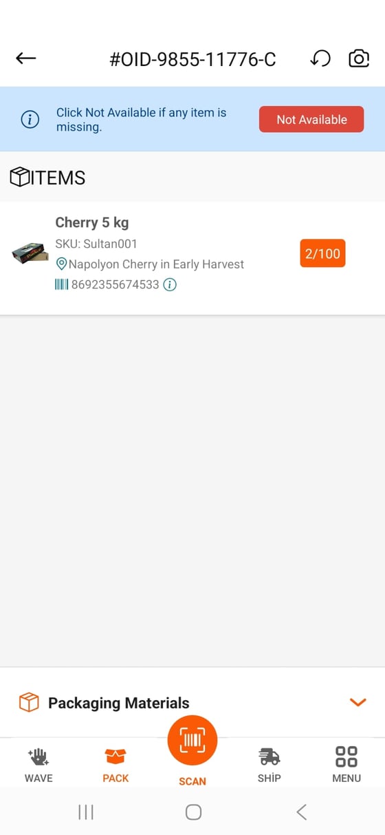 The ITEMS screen in OTO PACK, packing an order
