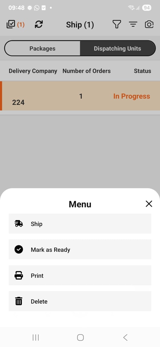 Dispatching Units in OTO PACK, with the action menu open