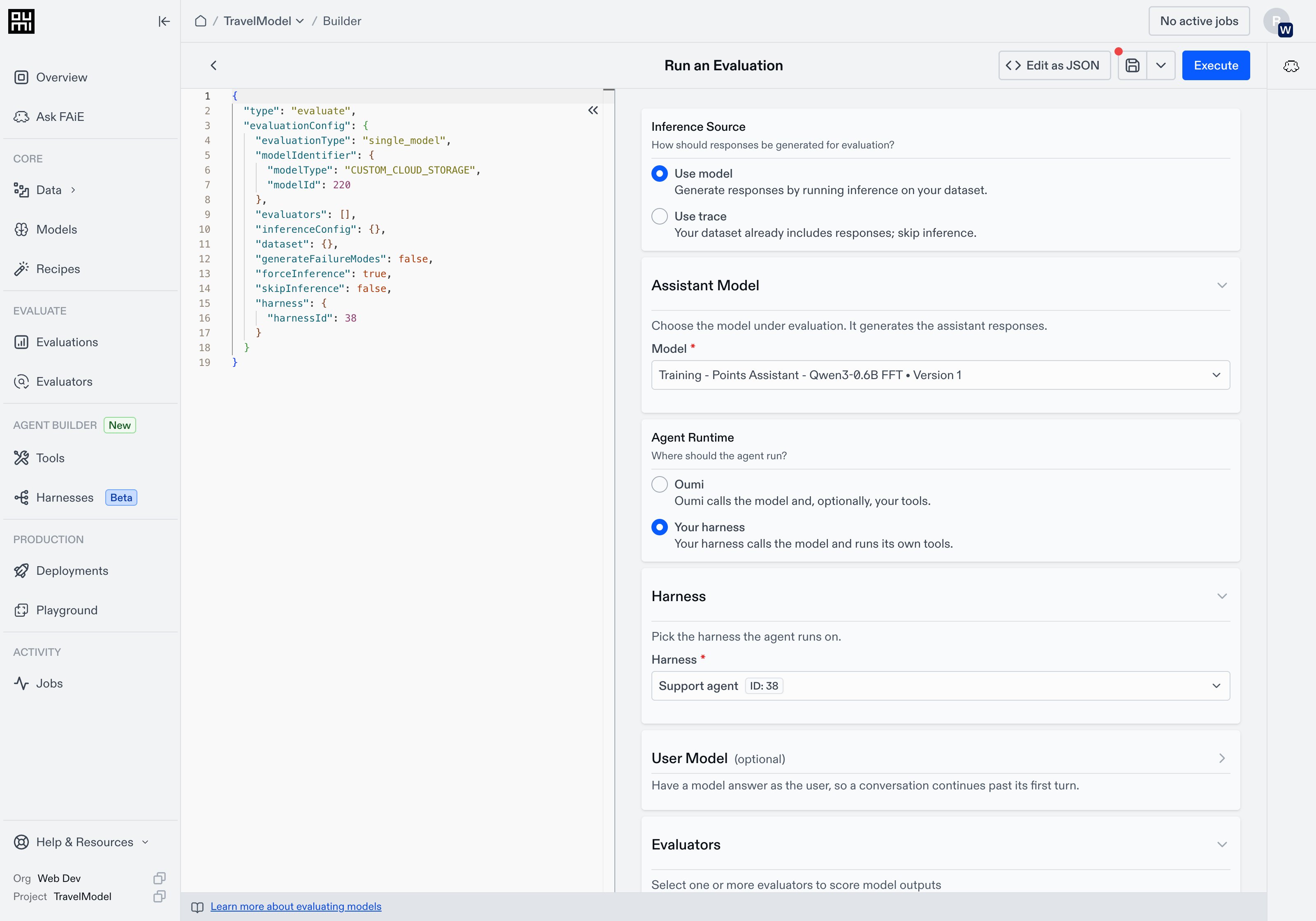Evaluation Builder showing the Inference Source, Assistant Model, Agent Runtime, and Harness sections