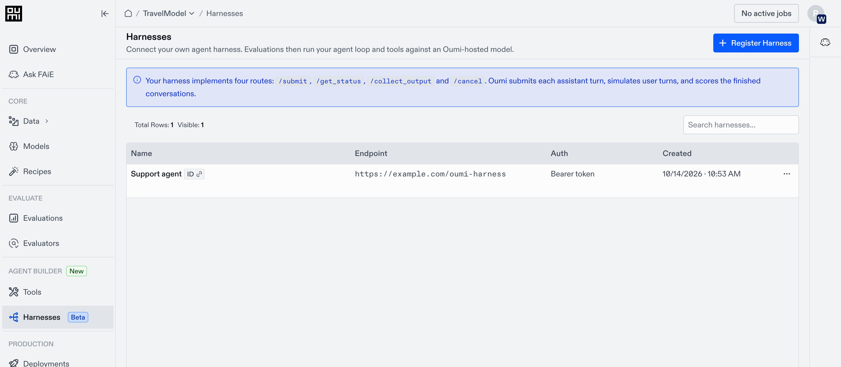 Harnesses page showing registered endpoints and the Register Harness button