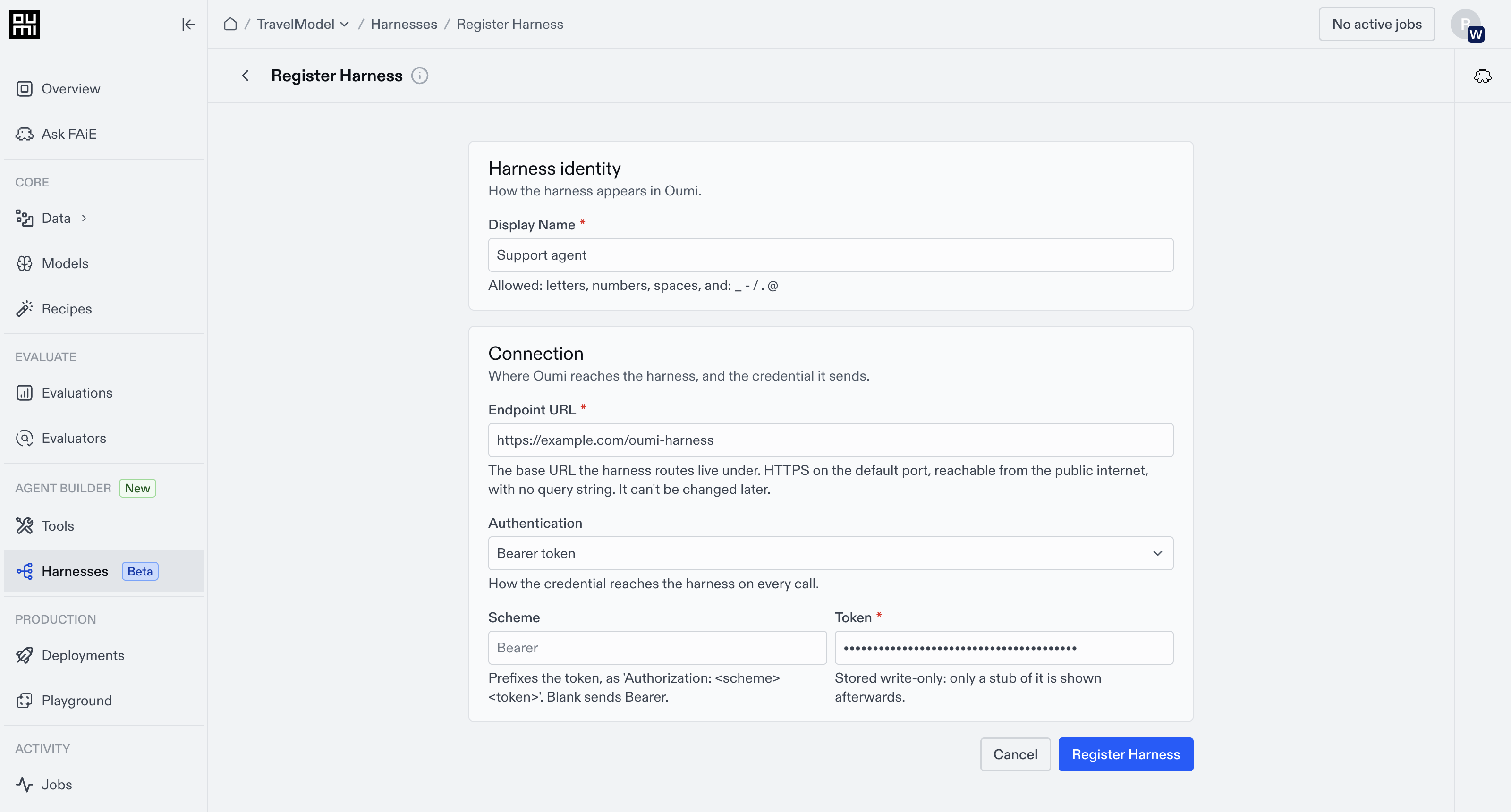 Register Harness form with Display Name, Endpoint URL, and Authentication fields
