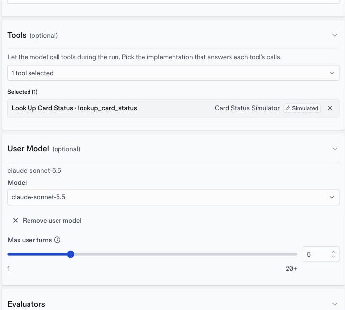 Tools section with the Look Up Card Status tool and its simulated implementation, and a User Model section with claude-sonnet-5.5 and Max user turns set to 5