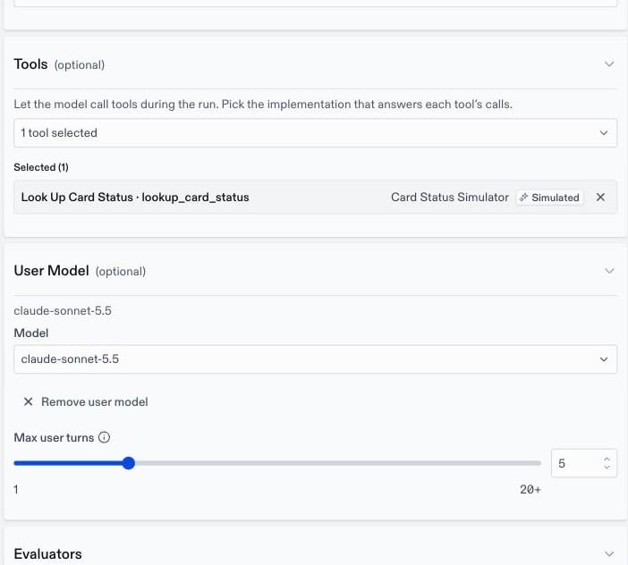Tools section with the Look Up Card Status tool and its simulated implementation, and a User Model section with claude-sonnet-5.5 and Max user turns set to 5