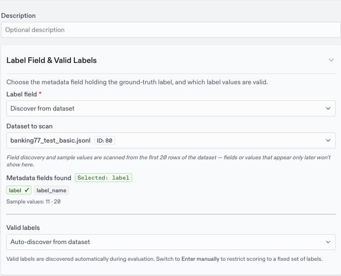Classification evaluator form with the label field discovered from banking77_test_basic.jsonl and valid labels set to auto-discover