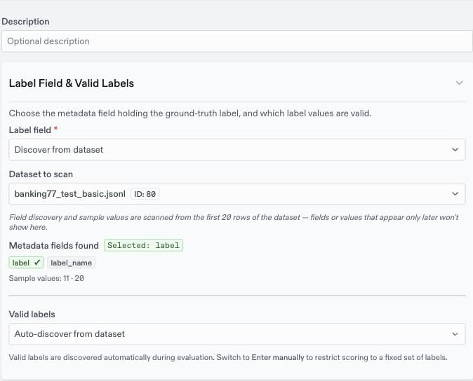 Classification evaluator form with the label field discovered from banking77_test_basic.jsonl and valid labels set to auto-discover