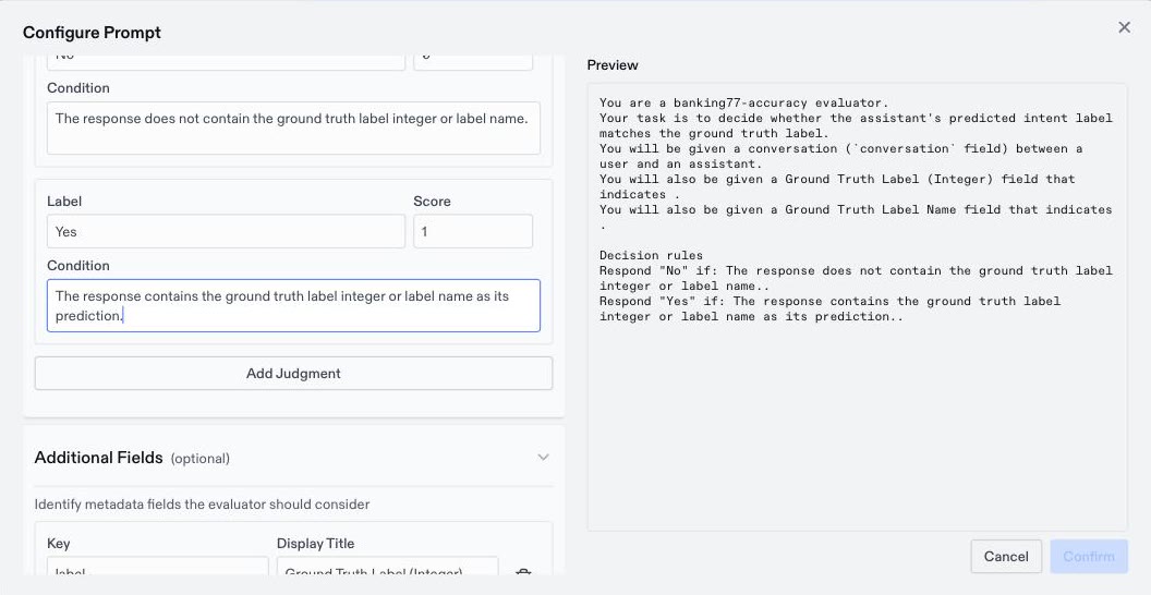 Configure Prompt dialog with the Identity and Judgment Conditions sections and a live preview of the composed prompt
