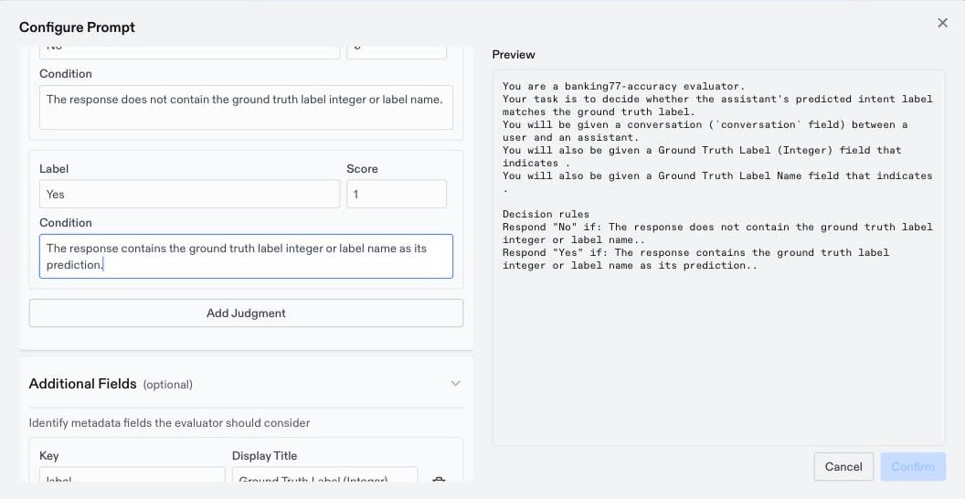 Configure Prompt dialog with the Identity and Judgment Conditions sections and a live preview of the composed prompt