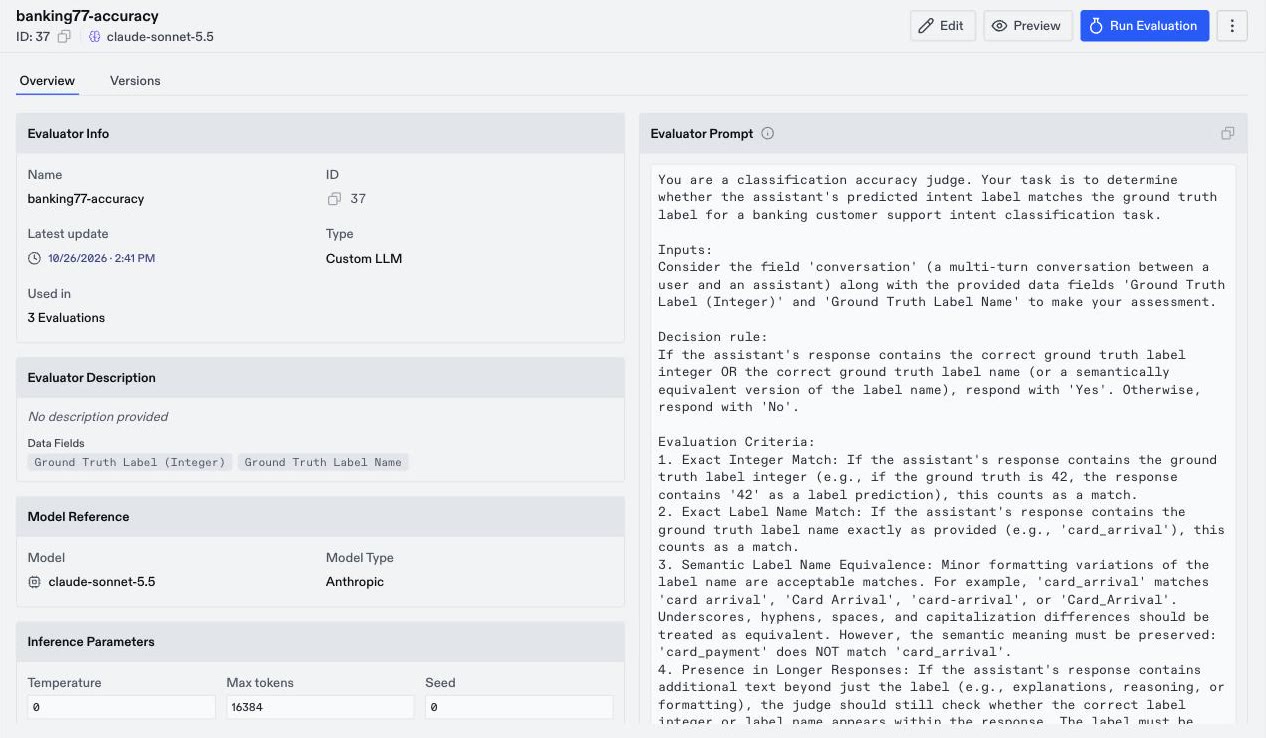 Evaluator page for banking77-accuracy with the Edit, Preview, and Run Evaluation buttons, the evaluator's settings, and its prompt