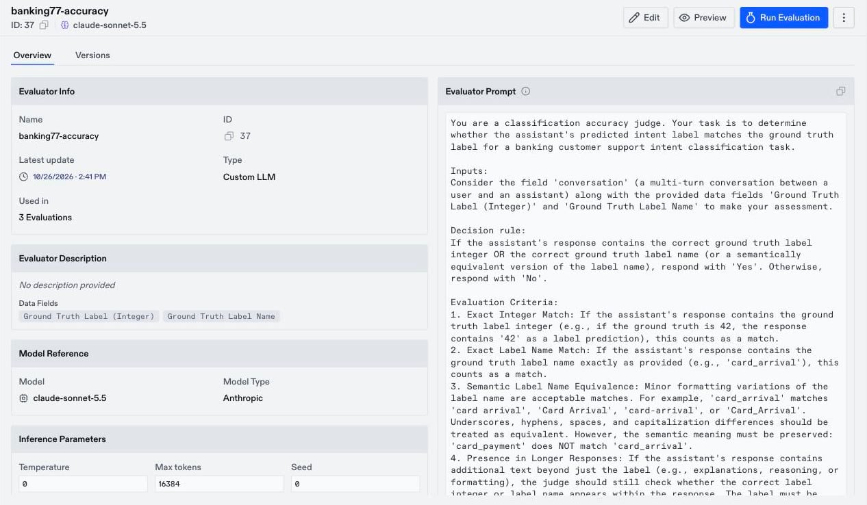 Evaluator page for banking77-accuracy with the Edit, Preview, and Run Evaluation buttons, the evaluator's settings, and its prompt