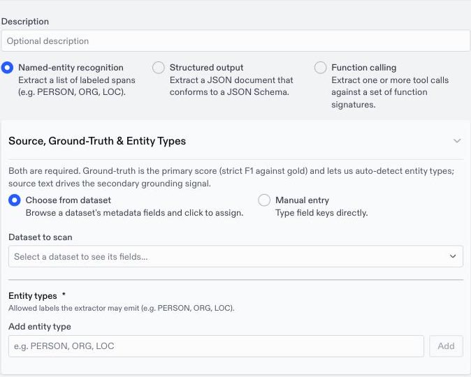 Extraction evaluator form with the three modes and the source, ground-truth, and entity type fields for named-entity recognition