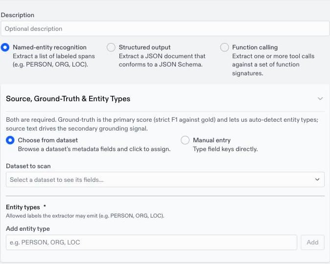 Extraction evaluator form with the three modes and the source, ground-truth, and entity type fields for named-entity recognition