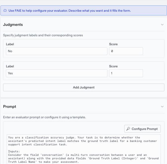 LLM evaluator form with Yes and No judgments and the start of an accuracy prompt