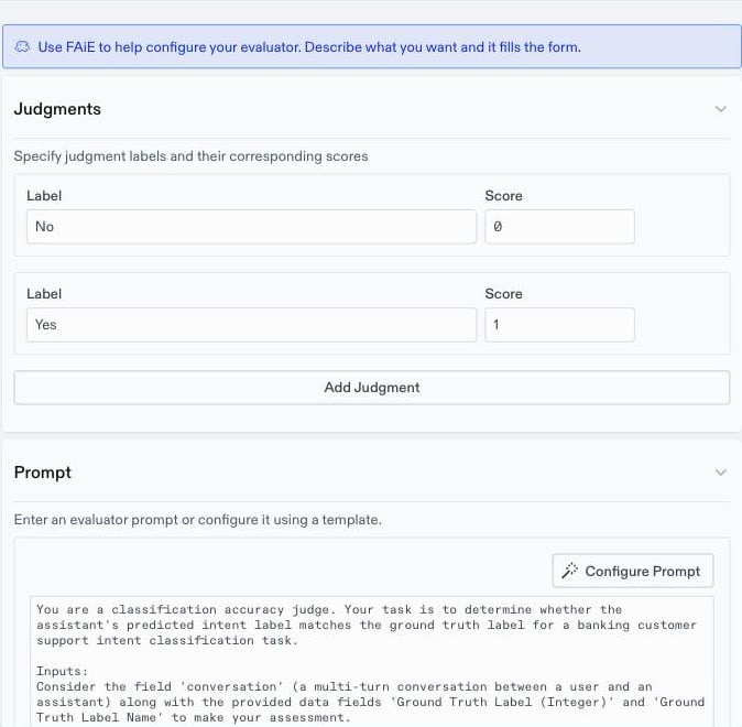LLM evaluator form with Yes and No judgments and the start of an accuracy prompt